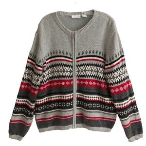 Gray Red Black Fair Isle Nordic Silk Angora Zip Cardigan Sweater XL